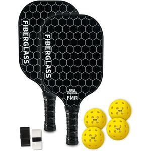 Pickleball Paddles Set of 2 with 4 Balls - USAPA Approved Fiberglass Surface,
